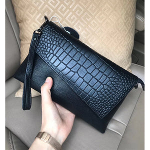 Crocodile Pattern Embossed Genuine Leather Cowhide Diagonal Clutch