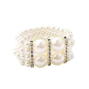 Four Row Size Pearl With Diamond Stretch Bracelet